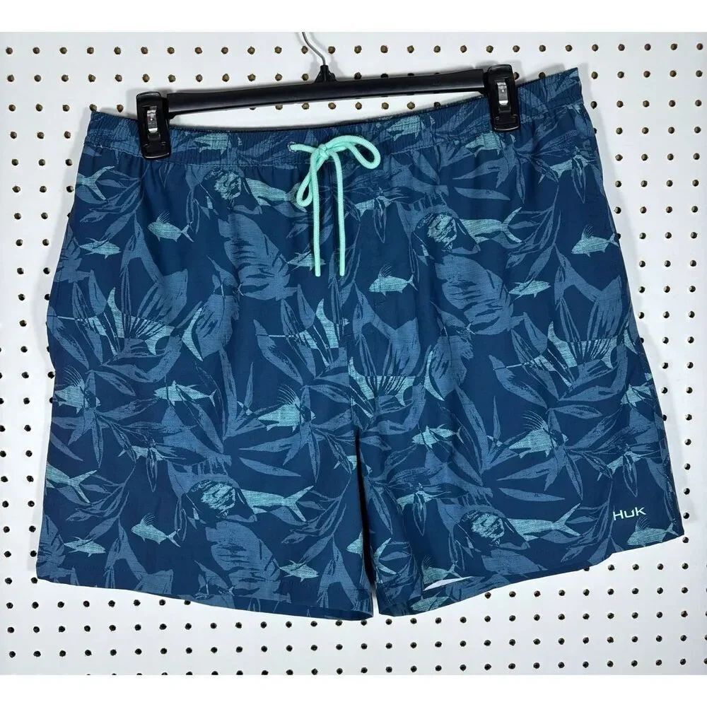 Huk Fishing blue floral fish print swimming trunks size XL